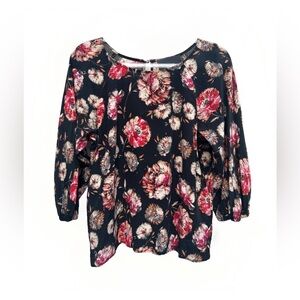 Anthropologie Maeve Blouse Women 100% Silk Black Multi Floral Print 3/4 Sleeves